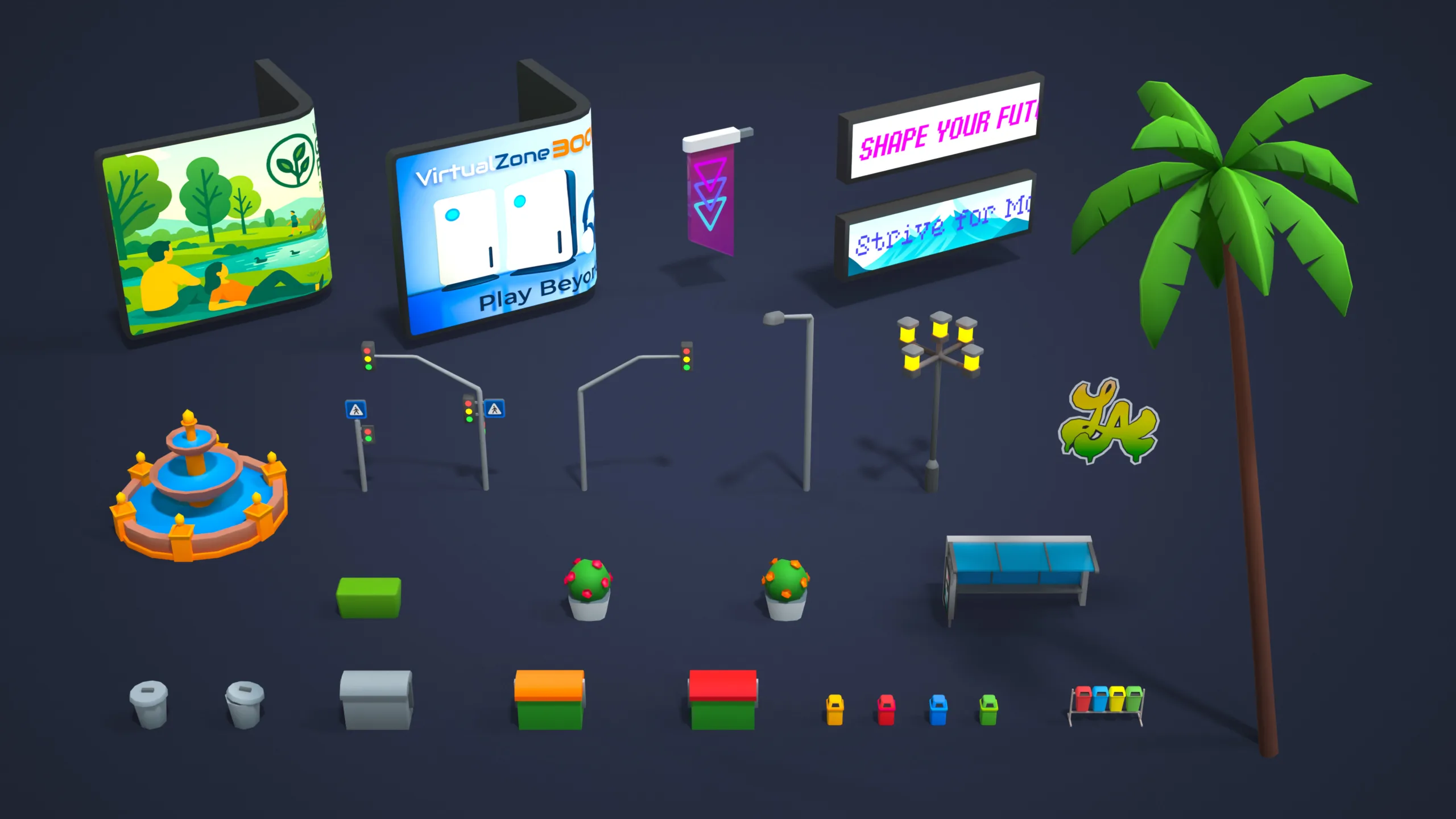 Urban props and decorative elements from Cartoon City Free including digital billboards, traffic lights, palm trees, fountains, trash bins and city furniture in low poly style