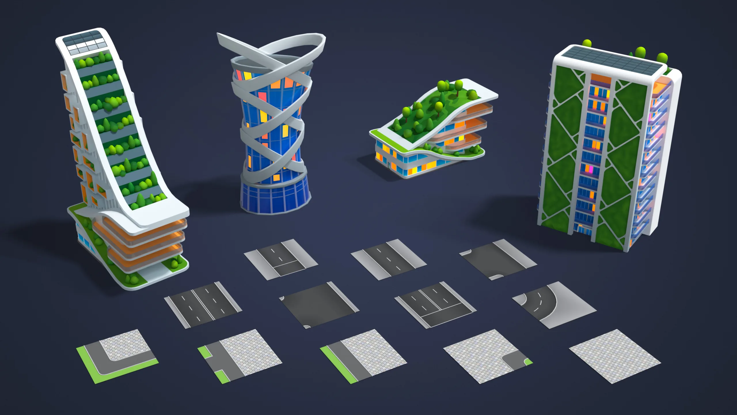 Individual 3D building models and road tile components from Cartoon City Free pack including spiral tower, curved building, vertical garden structures and street elements
