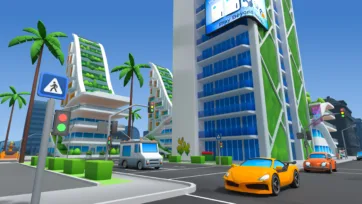 Urban intersection from Cartoon City Free pack showing traffic lights, pedestrian crossing signs, colorful sports cars and sustainable city buildings with green elements