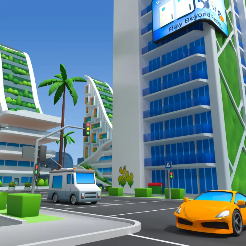 Urban intersection from Cartoon City Free pack showing traffic lights, pedestrian crossing signs, colorful sports cars and sustainable city buildings with green elements