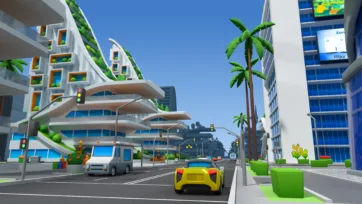 Street level view of Cartoon City Free 3D pack featuring modern eco buildings with green facades, palm trees, colorful cars and urban street scene in low poly style