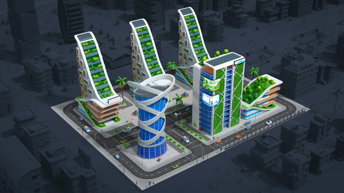 Cartoon City Free 3D low poly pack overview showing futuristic eco-friendly buildings with vertical gardens, solar panels, curved architecture and urban infrastructure in isometric view