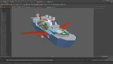 Maya 3D software workspace displaying low poly container ship model with cargo containers and maritime vessel details