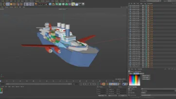 Cinema 4D software showing low poly container ship 3D model with detailed cargo containers and ship components