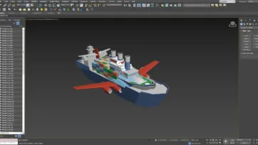 3ds Max software interface displaying low poly container ship 3D model with cargo containers and maritime details