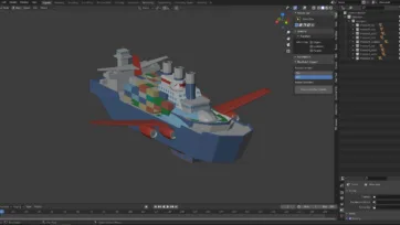 Blender 3D software viewport showing low poly container ship model with cargo containers and detailed structure