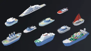 Collection of isometric low poly 3D boats and ships including yachts, sailboats, cruise ships and cargo vessels