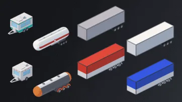Isometric low poly 3D truck trailers and cargo containers in multiple colors for transportation and logistics assets