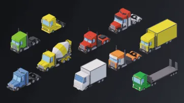 Low poly isometric 3D commercial trucks and semi-trailers with various cab configurations and cargo hauling designs