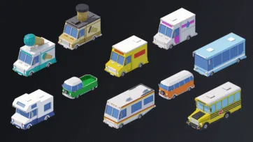 Isometric low poly 3D food trucks, buses and recreational vehicles including RV campers and school bus designs