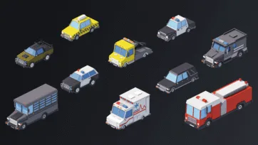 Low poly isometric 3D emergency and service vehicles including taxi, police car, ambulance and fire truck models