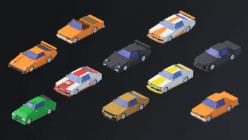 Isometric low poly 3D sports cars and muscle cars collection featuring racing stripes and performance vehicle designs
