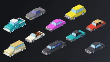 Collection of colorful isometric low poly 3D cars and sedans including convertibles and classic vehicles for transport pack