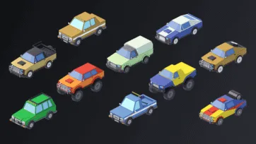 Low poly isometric 3D pickup trucks and off-road vehicles with detailed features in multiple color variations for game assets
