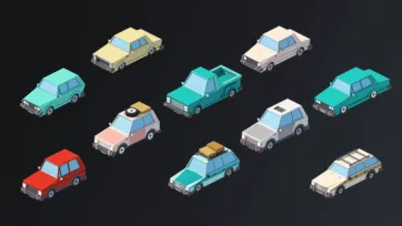 Isometric low poly 3D pickup trucks and SUVs in various colors including teal, beige, pink and gray for transportation asset pack