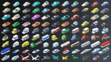 Comprehensive collection of isometric low poly 3D transport vehicles including cars, trucks, buses, boats, planes and helicopters for game development and design projects