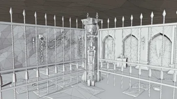 Wireframe mesh view of torture chamber with chained skeleton and iron bars showing low poly 3D construction