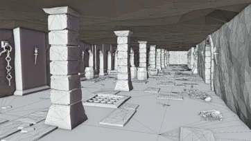 Wireframe view of dungeon corridor showing low poly mesh structure with pillars and architectural details