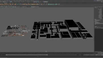 3ds Max modeling interface featuring dungeon construction workflow with asset library in low poly 3D style