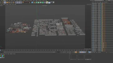 Cinema 4D viewport displaying dungeon scene with asset collection and 3D perspective view in low poly design