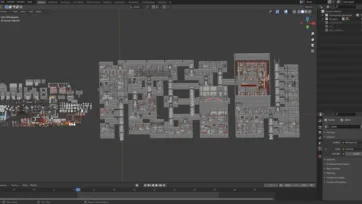 Blender 3D editor interface showing complete dungeon layout with asset library and modular construction in low poly style