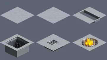 Dungeon floor tile set with spike traps, grates and special floor elements in low poly 3D style