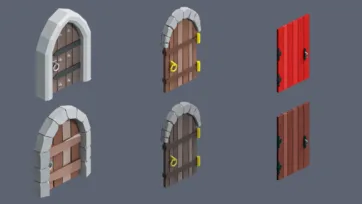 Medieval door and gate collection with wooden and stone archway entrances in low poly 3D art