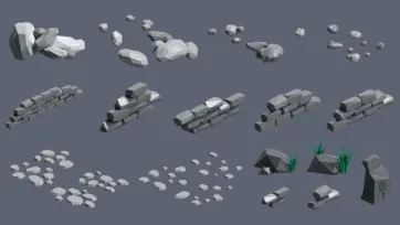 Rock and stone debris collection with various sizes and environmental elements in low poly 3D design