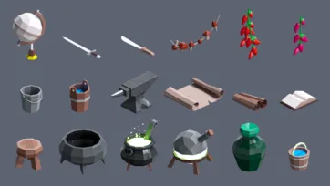 Medieval tool collection with swords, anvil, cauldrons, herbs and crafting equipment in low poly 3D style