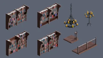 Library furniture with tall bookshelves, ornate chandeliers and reading platforms in low poly 3D art