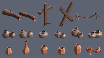 Medieval pottery and vessel collection with clay pots, jugs and broken ceramic pieces in low poly 3D design