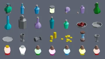 Alchemy and potion collection with colorful bottles, magical vessels and coins in low poly 3D style