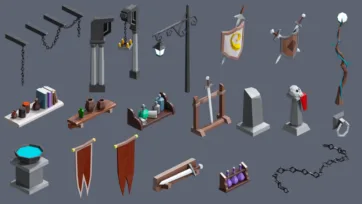 Medieval prop collection featuring weapons, banners, chains and dungeon accessories in low poly 3D art