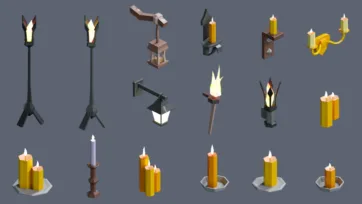 Medieval lighting collection with torches, candles, lanterns and wall-mounted fixtures in low poly 3D design
