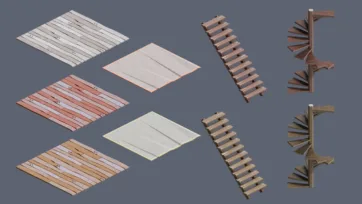 Dungeon flooring tiles, wooden stairs and platform elements for level construction in low poly 3D style