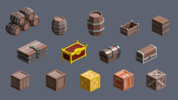 Storage container collection with wooden barrels, treasure chests and crates in low poly 3D art