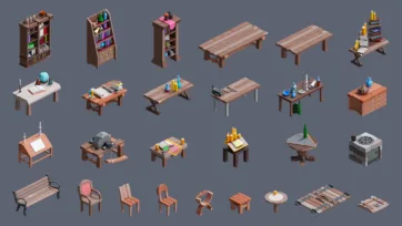 Medieval furniture collection featuring bookshelves, tables, chairs and library equipment in low poly 3D design
