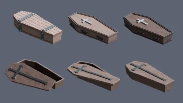 Wooden coffin and casket collection with metal hardware and cross decorations in low poly 3D style