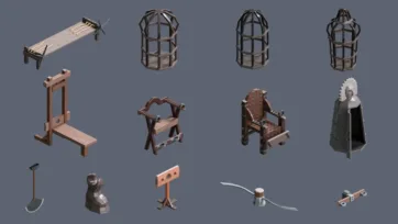 Medieval torture devices including cages, guillotine, execution equipment and iron maiden in low poly 3D design