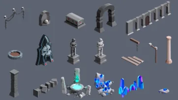 Medieval architecture elements with knight statues, skull decorations and blue crystal formations in low poly 3D style