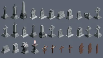 Cemetery gravestone and headstone collection featuring various cross designs and memorial stones in low poly 3D art