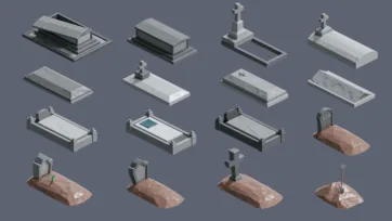 Stone tomb and grave collection with crosses, headstones and burial mounds in low poly 3D design