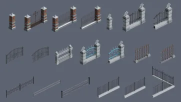 Medieval fence sections, gates and iron bar elements with stone pillars in low poly 3D style