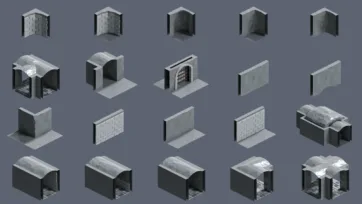 Modular dungeon wall and corner pieces with stone textures and archway elements for 3D low poly construction