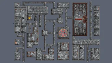 Top-down dungeon floor plan showing complete layout with ritual chamber, library, prison cells and connecting corridors in low poly 3D design