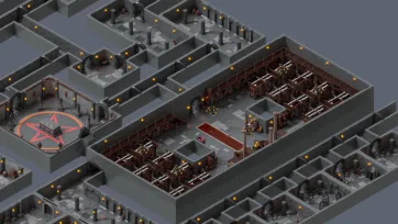 Dungeon layout featuring extensive library sections, ceremonial hall with pentagram and prison areas in isometric low poly 3D view