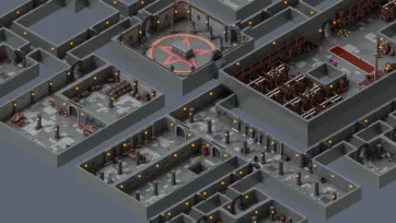 Medieval dungeon complex combining library areas, ritual chambers and prison sections in detailed isometric low poly 3D layout