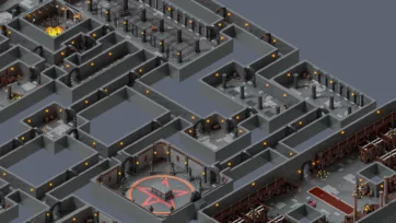 Complex dungeon maze with ritual hall, library sections and interconnected chambers in isometric low poly 3D perspective