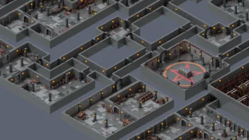 Dungeon complex featuring central ritual chamber with red pentagram, surrounded by prison cells and storage rooms in isometric low poly 3D
