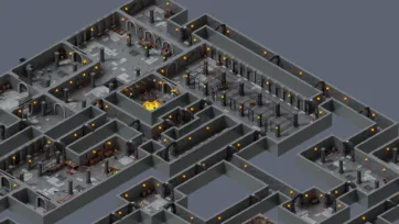 Large dungeon complex with prison block, glowing chamber and multiple connected rooms in isometric low poly 3D view